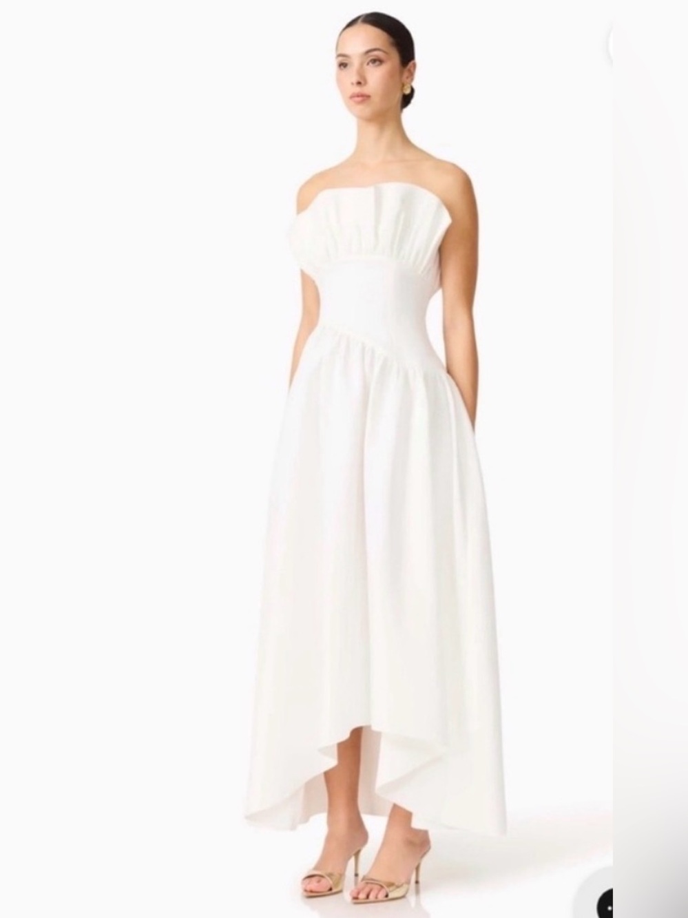 elliatt laurel white ruffle bust boned strapless maxi gown dress size medium